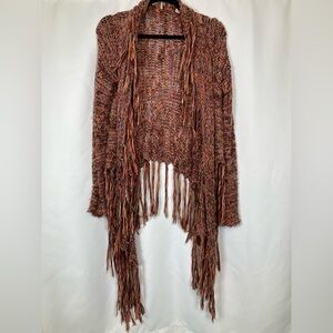Gimmicks BKE Boho Fringe Open Front Shaggy Knit Cardigan Sz S Multi Color Rust